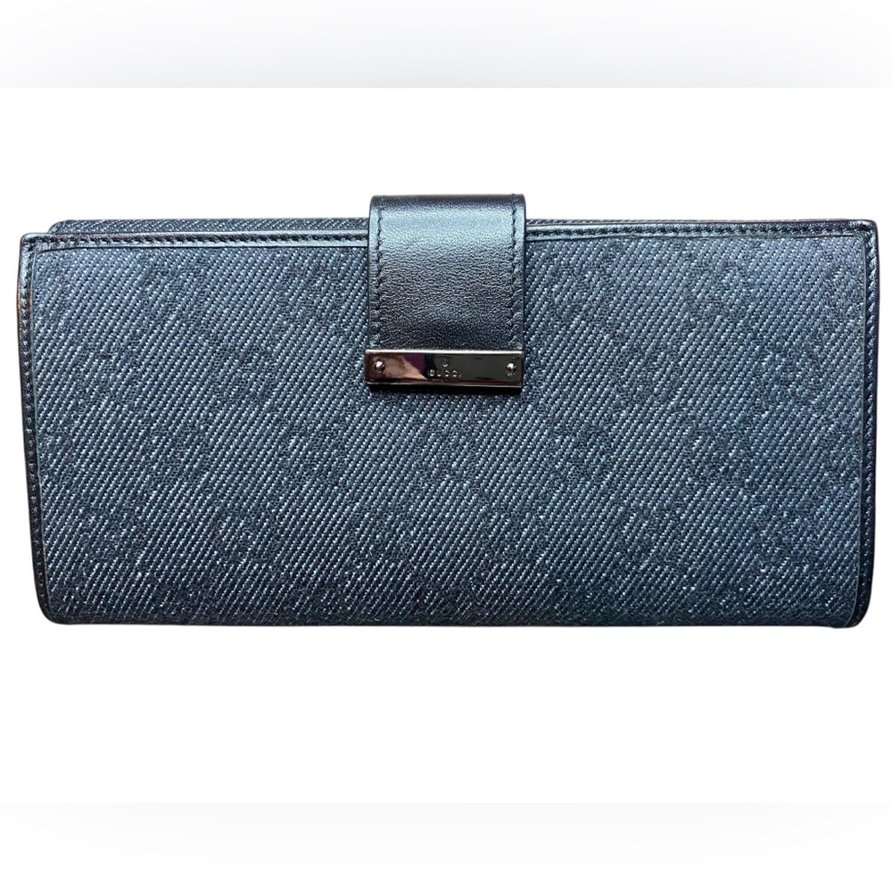 Authentic Gucci GG Logo Denim & Leather Bi Fold Wallet w/Box
